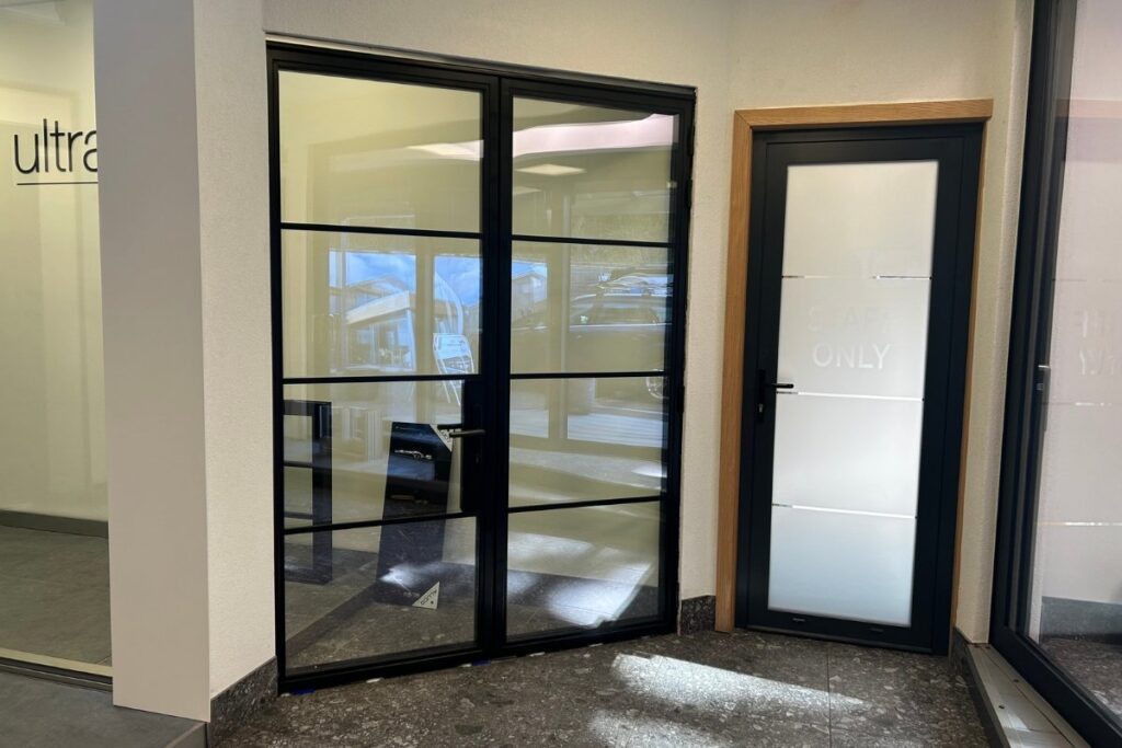 Aluminium Steel Look Doors in the Aspect Windows showroom